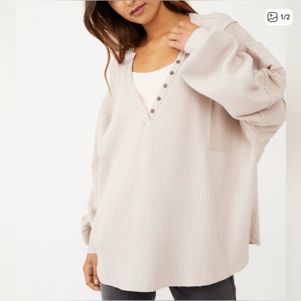 Free People Beige Callisto Henley Waffle Knit Oversized Sweater Sleeve XS NWOT
